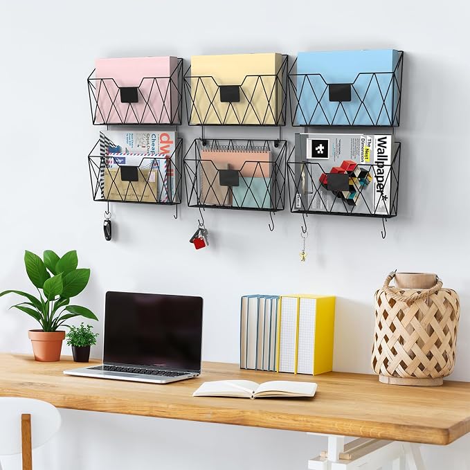 YBING Wall File Organizer Mesh Hanging Wall-mount Files Holder 6 Pack Hanging Wire Magazine Rack and Mail Holder with Hooks Office Wall Organizer for Papers Folders Files Clipboard Black - Image 2