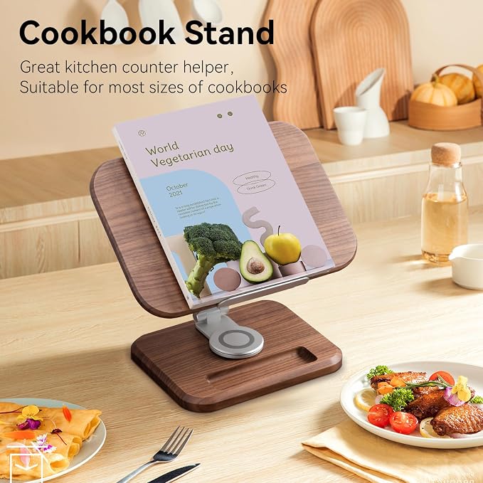 Book Stand for Reading, Mayhas Adjustable Book Holder with 360° Swivel Base&Page Clips, Foldable Desktop Stand for Cookbook, Fits All Books (Walnut, Wood Base) - Image 2
