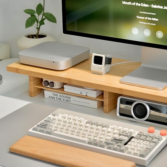 Bamboo Dual Monitor Stand Riser, 2-Tier Desk Shelf with Storage | 39.37-Inch Wide, 300 lbs Capacity, Removable Shelf for Monitors, Printer or TV in Home office, Natural - Image 3
