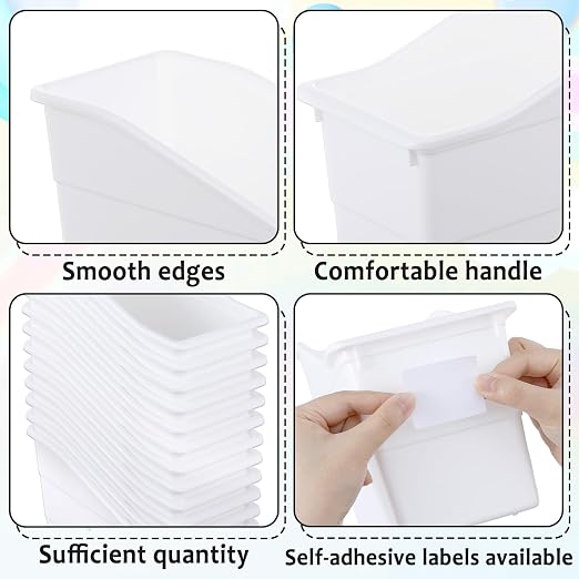 gisgfim 12 Pack Large Book Bins with Labels (White) | Durable Plastic,Stackable Magazine Organizer,Storage Bins for Classroom,Library,Office,Bookshelf Categorization - Image 3