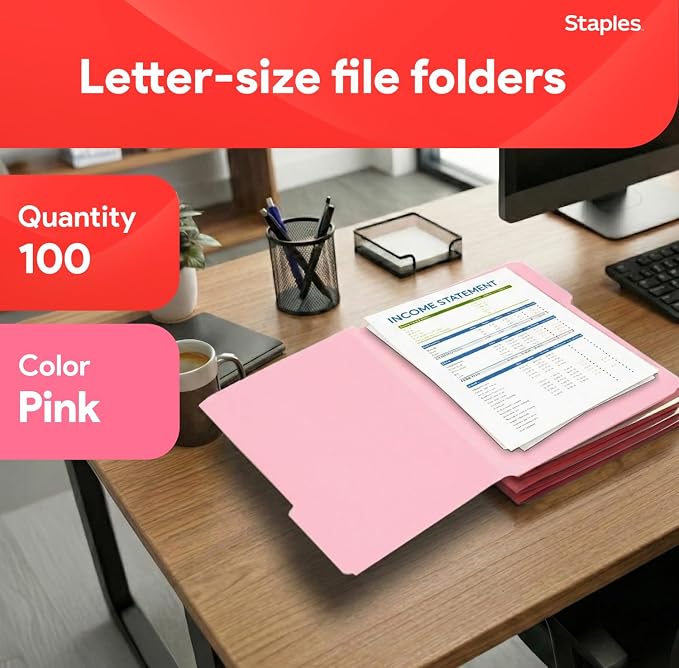 Staples Reinforced File Folders, 1/3-Cut Tab, Letter Size, Pink, 100/Box (508952) - Image 2