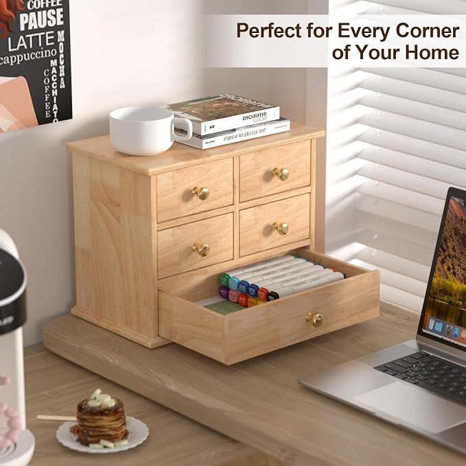 Oak Desk Organizer with Drawers, Durable Wooden Desktop Storage Box | 5 Drawer Tabletop Organizer with Metal Handles & Non-Slip Pads for Office, Bedroom, Bathroom, Vanity, Makeup Storage, Natural - Image 4