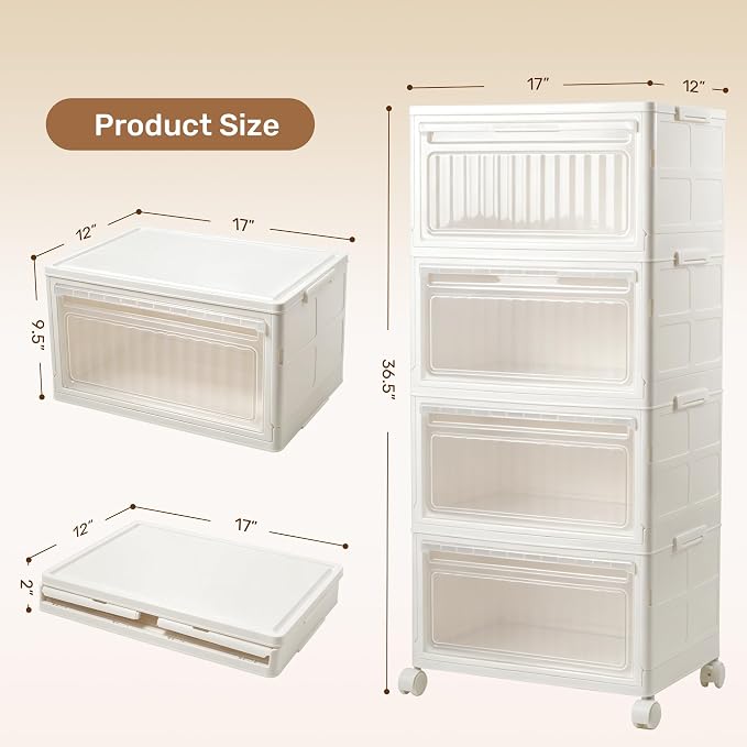 4 Tier Stackable Storage Bins with Lid and Wheels, 32QT Closet Organizers | Plastic Storage Containers with Doors, 4-Pack Collapsible Organizer Box for Bedroom Dorm Office and Garage - Image 5