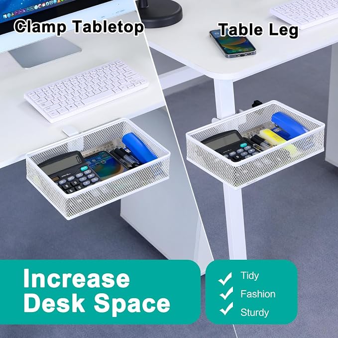 Under Desk Drawer, Clamp on Desk Organizer Under Table Hanging Desk Storage | 2 ways to clamp on: desk side or leg. Under desk organizer, clamp on desk drawer, basket hanging under table shelf, no-drill - Image 2