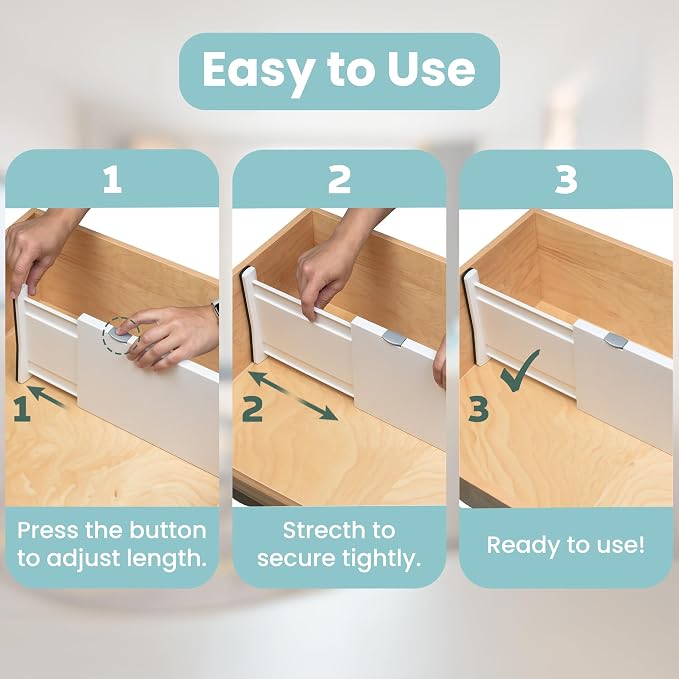 RAPTUROUS Adjustable Drawer Dividers, 8" Tall, Expandable 13.35-22", 6-Pack, Non-Slip for Deep Drawers in Kitchen, Bedroom, and Closet (White) - Image 5