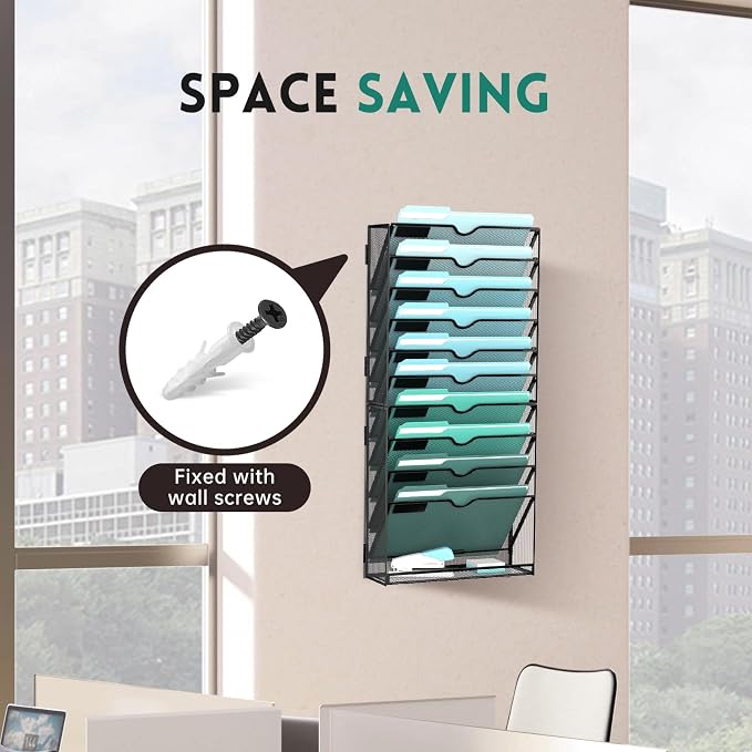 11-Tier Wall File Organizer, Wall Mounted Mail Sorter, 2 Pack | Metal Mesh Hanging File Organizer with Open Compartments and Label Panels for Papers and Folders at Home, Office or School - Image 5