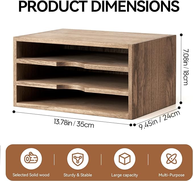 KIRIGEN Wooden Desk Organizer 3-Tier Letter Tray and Paper Sorter, Brown | Solid Wood Paper Tray Document Holder Organizer for Letters, Files, Folders, Mail, Magazines and Office Supplies - Image 3