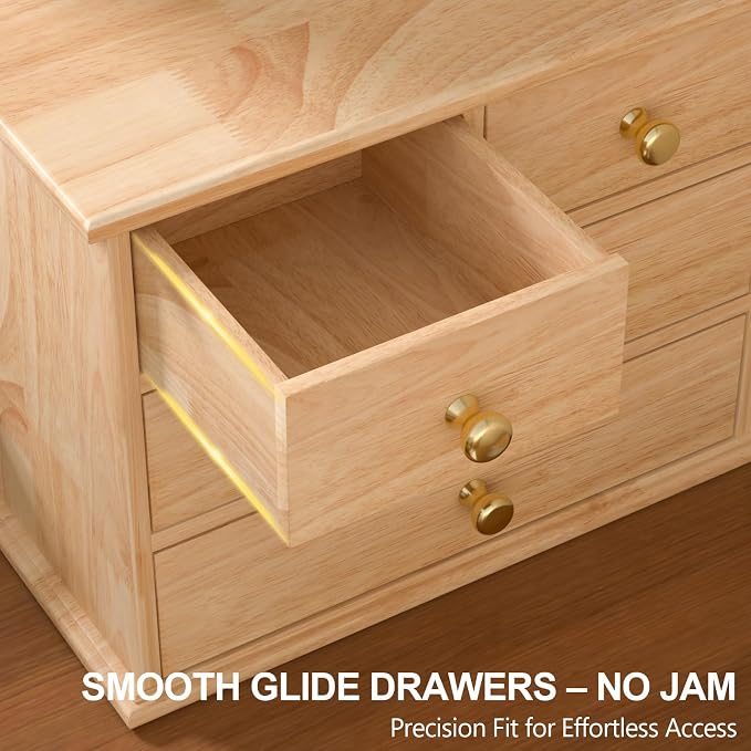 Oak Desk Organizer with Drawers, Durable Wooden Desktop Storage Box | 5 Drawer Tabletop Organizer with Metal Handles & Non-Slip Pads for Office, Bedroom, Bathroom, Vanity, Makeup Storage, Natural - Image 6