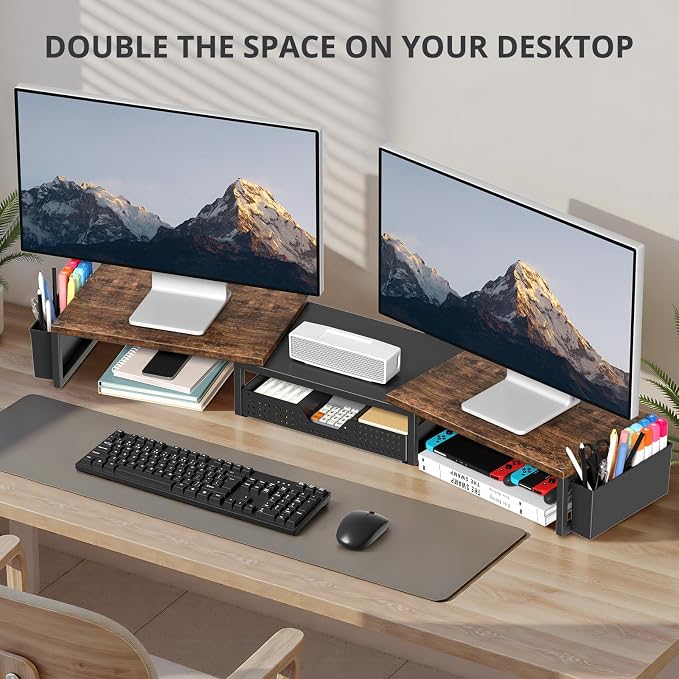 Desk Organizers and Accessories, Dual Monitor Stand Riser with Drawer and 2 Pen Holders, Desk Shelf Computer Racks for Office Workspace Organizers, Desktop Organization (Rustic Brown) - Image 3