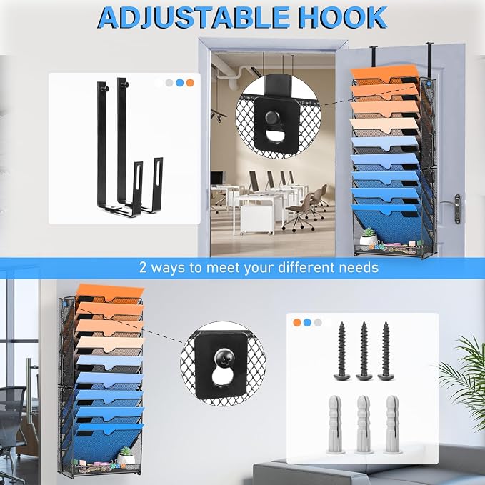 Wall File Organizer, 10 Pockets Mesh Hanging File Organizer | Wall Mount File Paper Folder Holder With Hooks, Wall Organizer Magazine Document Mail for Office School, Black - Image 3