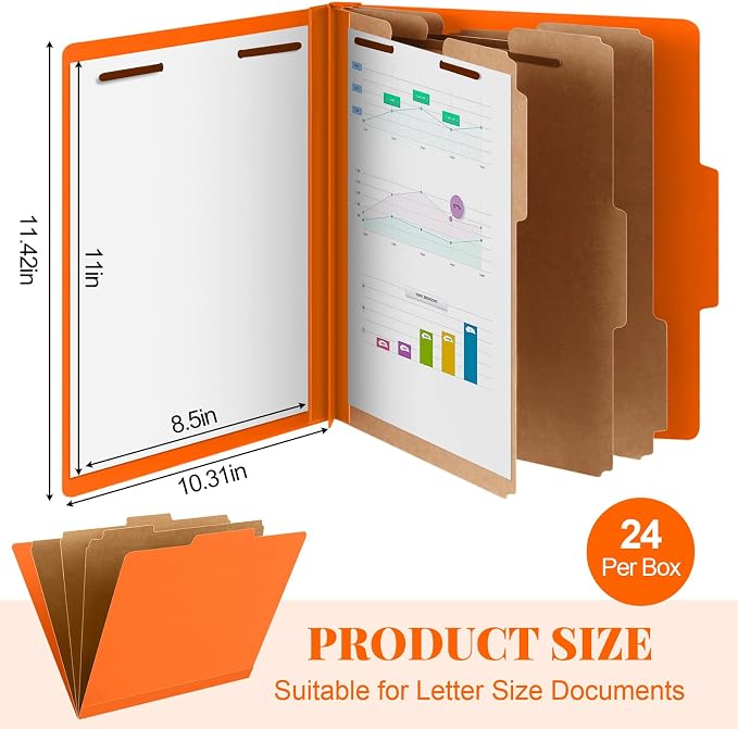 Skyygemm 24 Pcs Classification Folder Letter Size, 3 Divider File,Orange | Back to School Folder Supplies, Pressboard File with Fastener, Expanding Organizer Bulk for Teacher, Office, Employee, Staff - Image 2