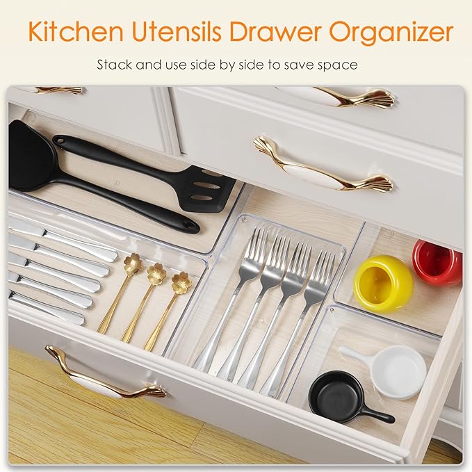 Drawer Organizer, 18 Pack Large Clear Plastic Kitchen Drawer Organizers Set, 6 Size Versatile Bathroom and Vanity Drawer Organizer Trays, Storage Bins for Makeup, Bedroom, Kitchen Utensils - Image 4
