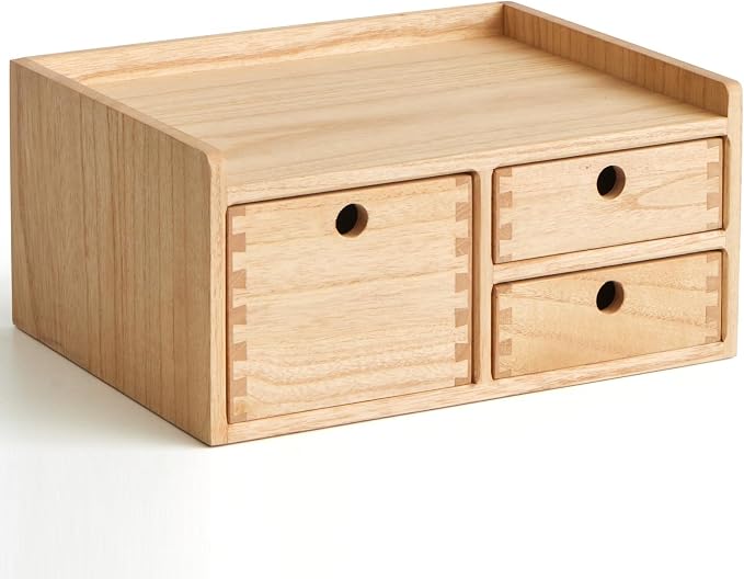 KIRIGEN Wooden Desk Organizer with 3 Drawers and Top Tray Natural DT1D3C-NA | 3-Drawer Cabinet with Top Tray Stores Office Supplies, Toiletries, Tools, Crafts, and Small Accessories on Desks or Counters by KIRIGEN