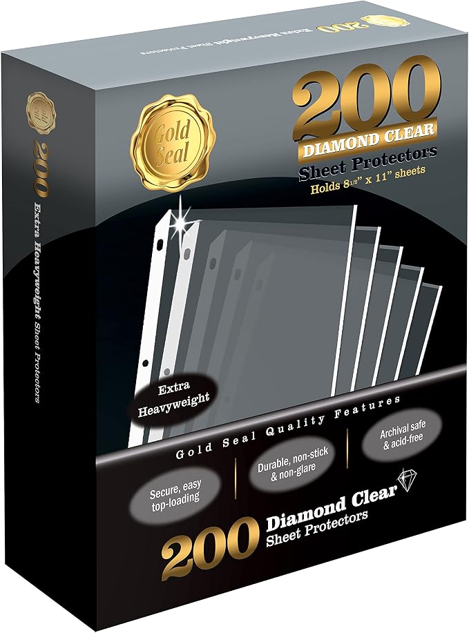 GOLD SEAL 200 Count Diamond Clear Extra Heavyweight Sheet Protectors, 4 mils Strong,8.5 x 11, Top Load, 200 Boxed Sheet Protectors by GOLDSEAL