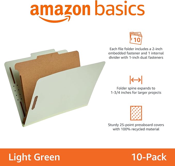 Amazon Basics Classification File Folders, 1 Divider, 2-Inch Embedded Fasteners, Letter Size for Documents, Light Green, 10-Pack - Image 2
