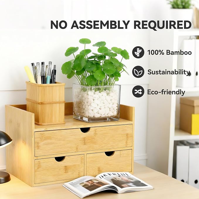 Desk Organizer with Drawers - Bamboo Desktop Organizer for Office Home Makeup Vanity Shelf, Stackable Storage Drawers Box for Desk Organization, No Assembly Required - Image 2
