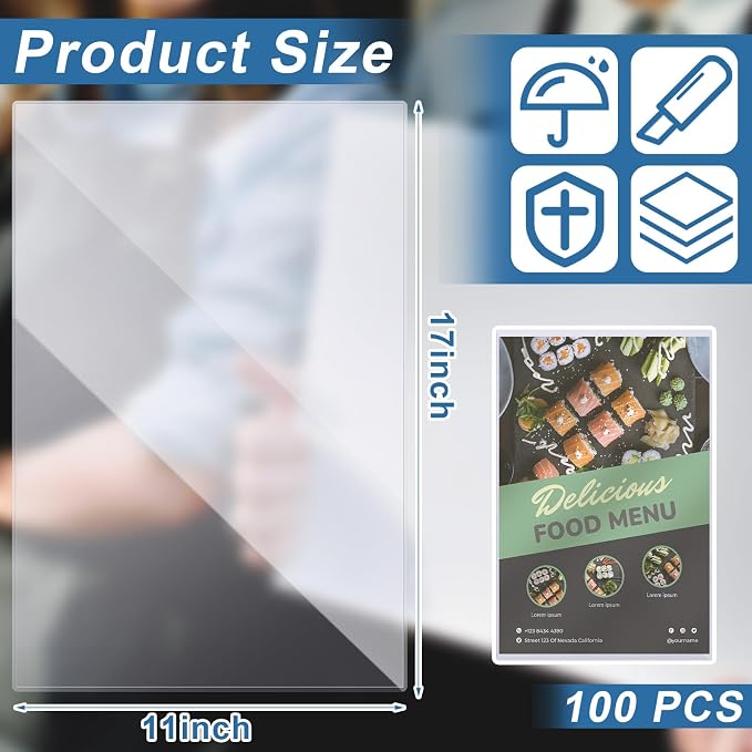 100 Pcs 11" x 17" Rigid Print Protectors, Heavy Duty Hard Plastic Sheet Page Protectors Crystal Menu Holder Clear Poster Sleeve Top Loading Frame for Magazine Photo Paper Poster Prints - Image 3