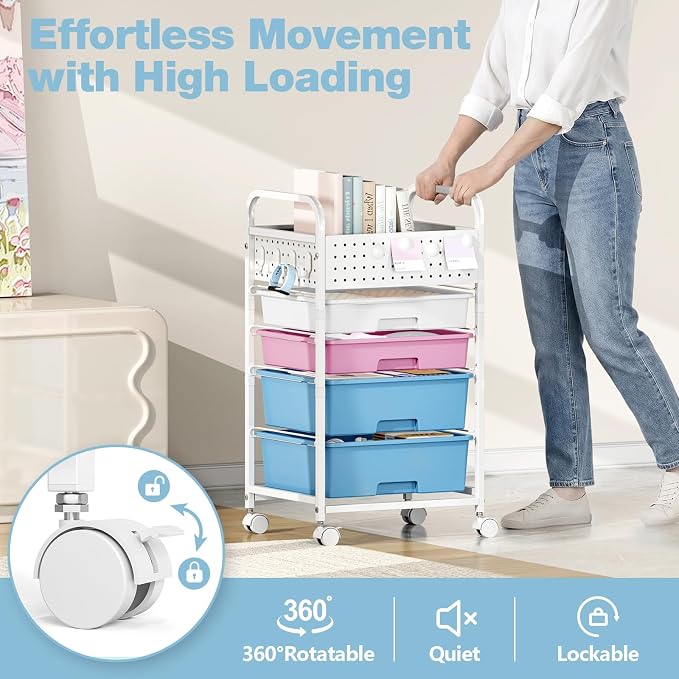 4 Drawer Rolling Storage Cart with Pegboard Top and Hooks, Pink&Blue | Mobile Organizer Cart with Wheels for Office Supplies, Craft Storage, Classroom Organization, Home Utility Cart - Image 5