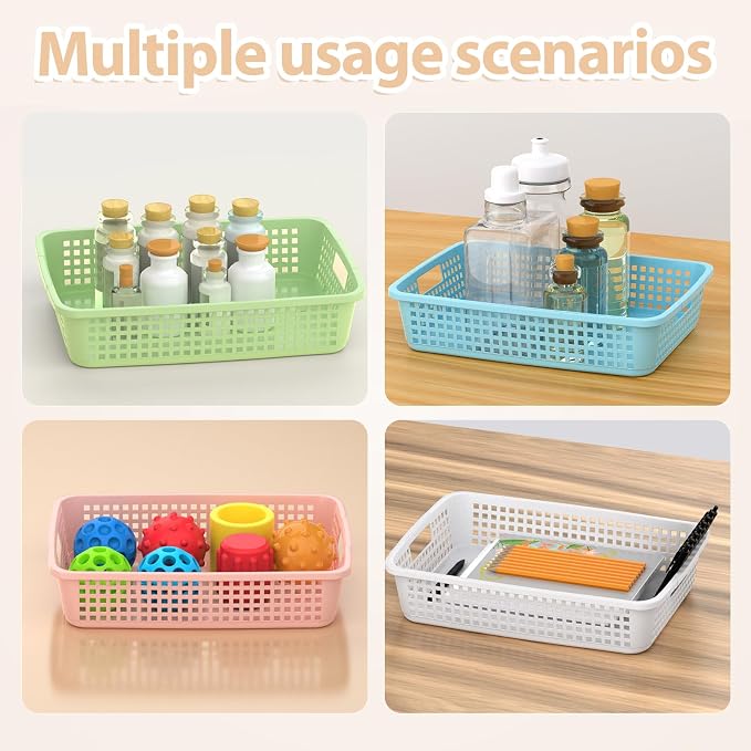 12 Pack Classroom Storage Baskets 15''x10''x3'' Large Plastic Paper Trays with Handle Letter Size A4 Paper Toy Basket Turn in Trays for Library Office Desk Drawer Organizing (12, Pastel Color) - Image 5