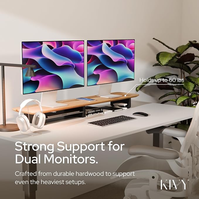KIVY Dual Monitor Riser With Integrated Metal Shelf [MADE BY HAND] - Wooden Desk Shelf for 2 Monitors - Wide Long Stand for Desk (44 x10x3in - Black) - Image 6