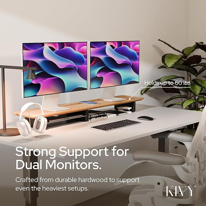 KIVY Dual Monitor Riser With Integrated Metal Shelf [MADE BY HAND] - Wooden Desk Shelf for 2 Monitors - Wide Long Stand for Desk (44 x10x3in - Black) - Image 6