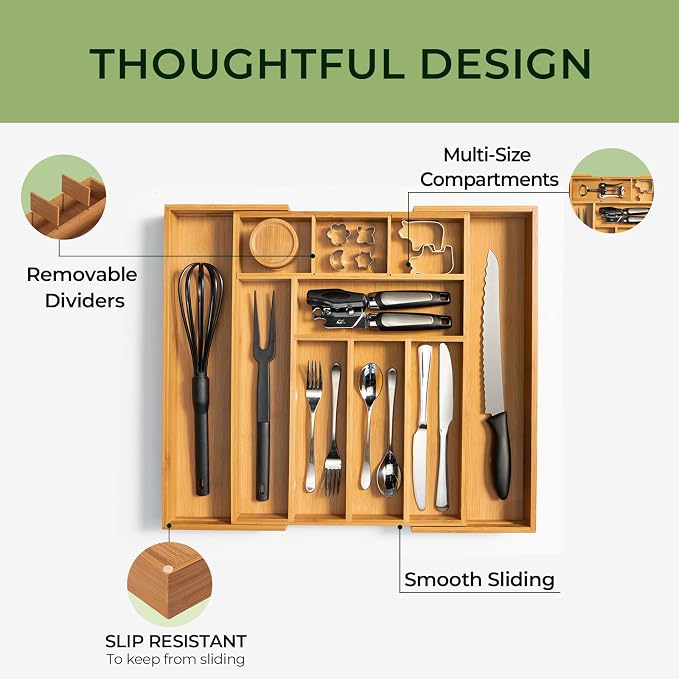 keechee Carbonized Bamboo Kitchen Drawer Organizer, 10 Slots Expandable Silverware Organizer, Utensil Holder & Cutlery Tray, 2.2" Deep for Extra Capacity, Non-Slip Feet Included - Image 6