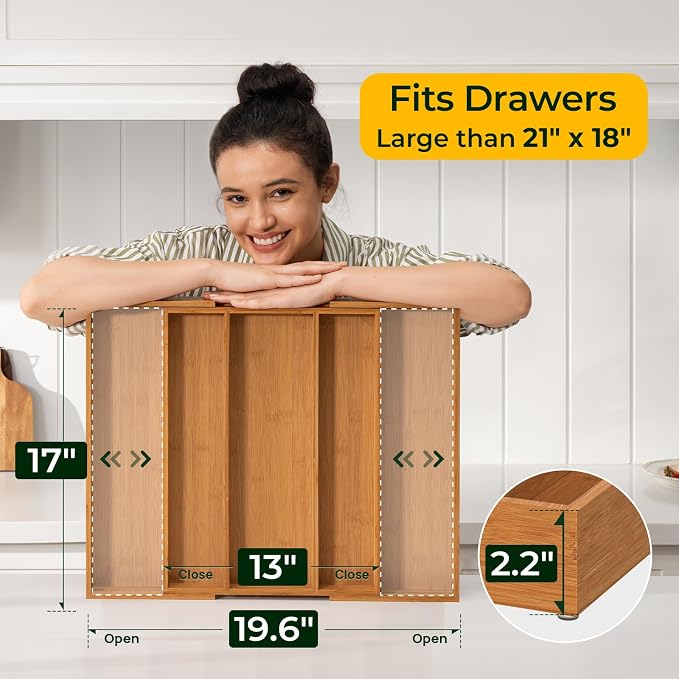 Carbonized Bamboo Kitchen Drawer Organizer, 5 Slots Expandable Silverware Organizer, Utensil Holder & Cutlery Tray, 2.2" Deep for Extra Capacity, Non-Slip Feet Included. - Image 4