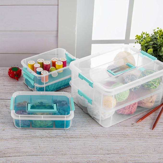 Sterilite 12 Pack Plastic Storage Box Container, 3 Layer, Stack and Carry, Clear/Blue - Image 5