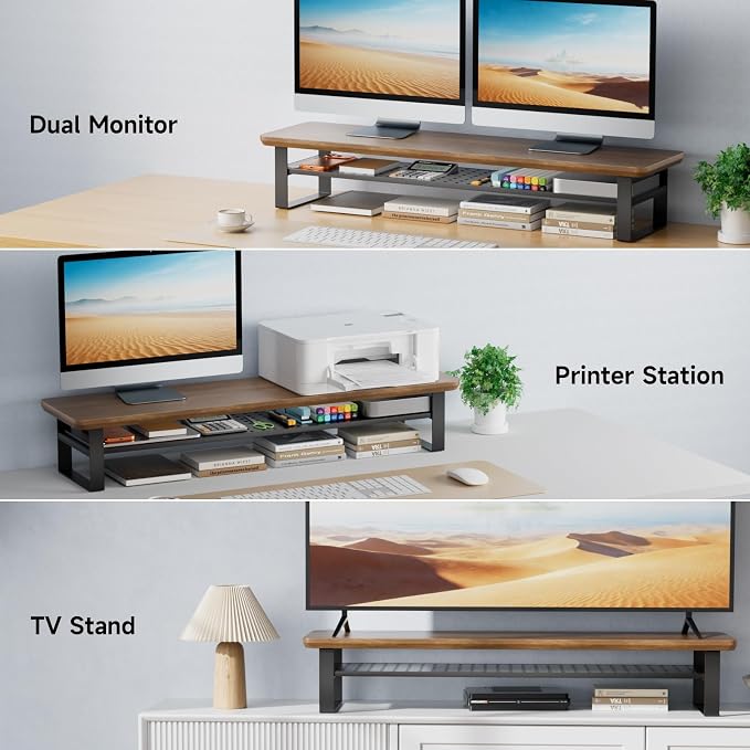 Dual Monitor Stand, 35.4 Inch Monitor Stand Riser for 2 Monitors, 2 Tiers Wood Desk Shelf with Storage, Desktop Organizer Stand for Computer, Laptop, Printer, TV - Image 7