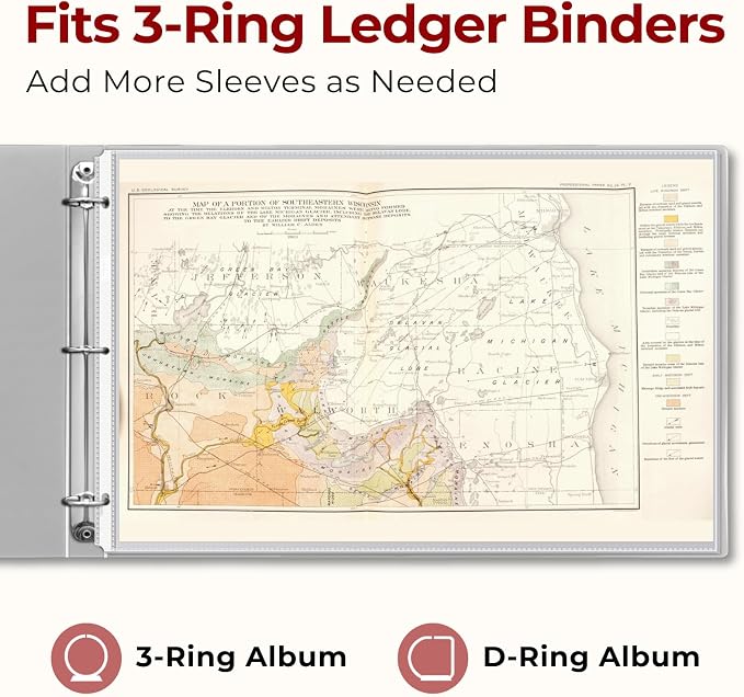Dunwell 11x17 Sheet Protectors Landscape - (100 Pack, Heavyweight), 11 x 17 Ledger Size Plastic Sleeves, 3 Hole Punched, Fits 3-Ring Binders, Clear Heavyweight Acid-Free Poly - Image 3