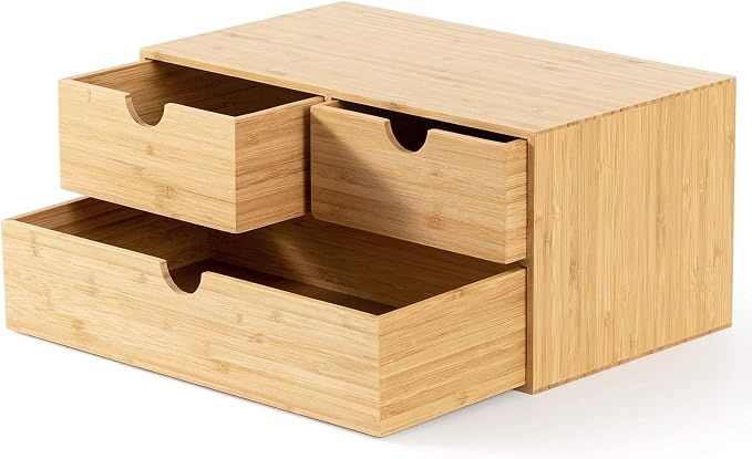 Bamboo Desk Organizer with Drawers, 3-Drawer Desktop Storage Box | 3 Drawers Open Top Tray Fully Assembled Stores Pens, Notes, Makeup, Jewelry & Toiletries for Office, Vanity & Bath - Image 6