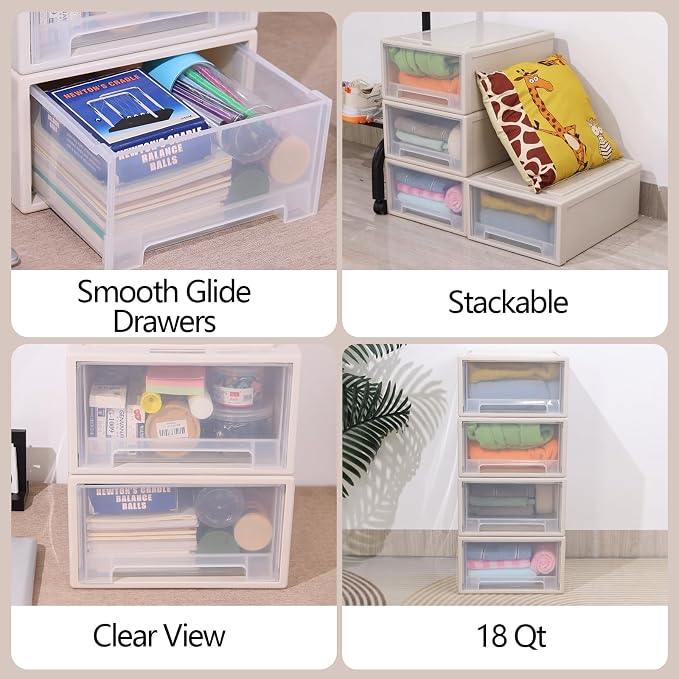 4 Pack Large Stackable Storage Drawers, 18 Quart Storage Bins | Easily Assemble, Space-Saving Closet Undersink Desk Organizers for Bedroom, Kitchen, Pantry, Pull-Out Drawers - Image 4