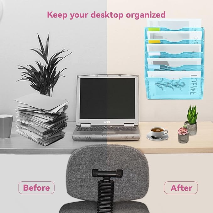 5 Pockets Mesh Wall File Holder Organizer Office Hanging File Folder Magazine Rack, Nametag Label Hooks Set Included (Blue) - Image 5