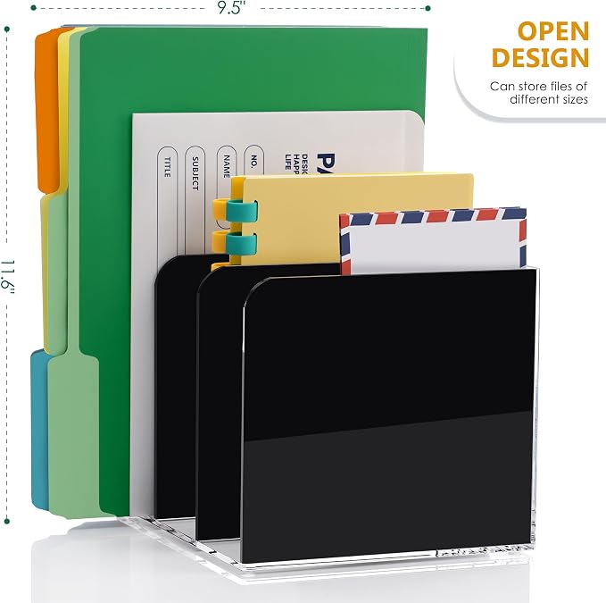 SANRUI Black Acrylic Magazine File Holder Desktap Organizer Folder Sorters | Clear Workspace Document Rack, Bookend File Office Accessories Organization Storage, 3 Vertical Compartments - Image 2