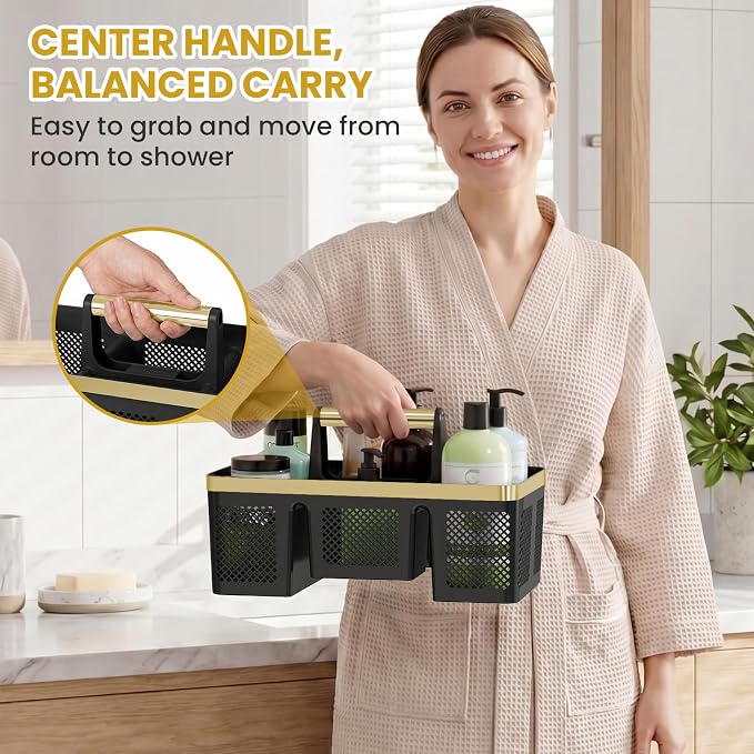 BYUNER Portable Cleaning & Shower Caddy with Handle: Rigid Plastic Basket with 4 Divided Compartments, All-Side Drainage for College Dorm, Bathroom & Utility Use, Black/Gold - Image 4