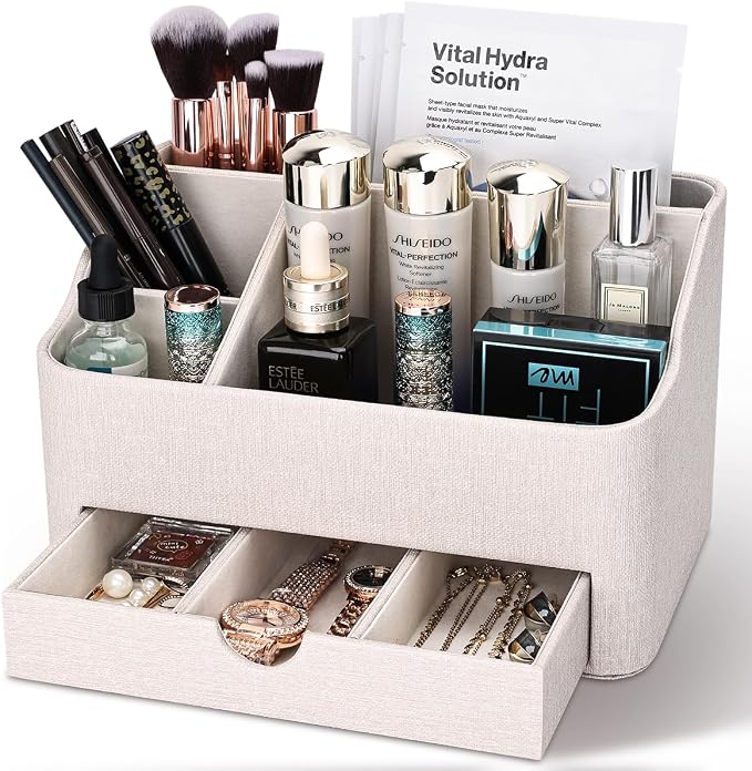 PU Leather Desk Organizer with Drawer, 5 Compartments Desktop Storage Caddy for Office & Home Supplies, Pen Holder for Remote Control, Phone & Accessories, Mail Organizer Countertop(Beige) - Image 2