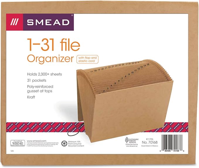Smead Expanding File with Flap and Cord Closure, 31 Pockets, Daily (1-31), Letter Size, Kraft (70168) (Pack of 1) by SMEAD