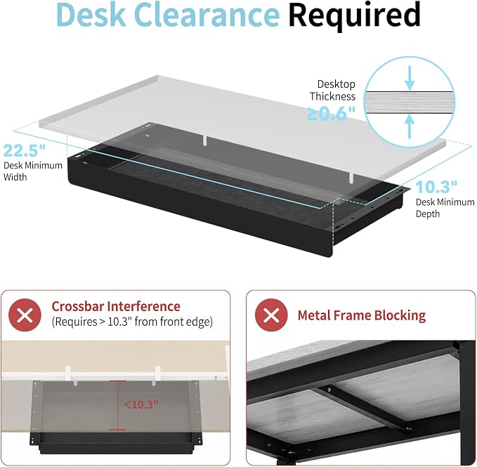 Under Desk Drawer,20.1 inch Carbon Steel Slide-Out Under Table Storage Organizer With Full Extension Ball-Bearing Slides,Undermount Drawer For Standing Desk & Home Office,Black - Image 6