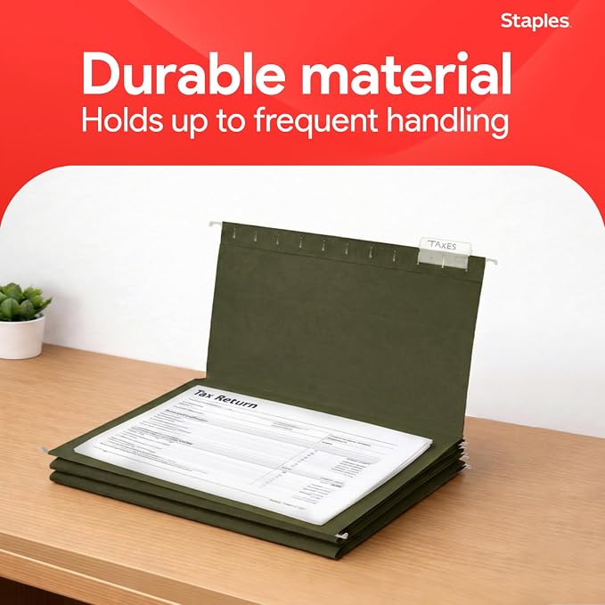 Staples 95% Recycled Hanging File Folder, 1/5-Cut Tab, Legal Size, Standard Green, 50/Box (ST490853/490853) | Reinforced top for durability; organizes documents in standard-size drawers. - Image 6
