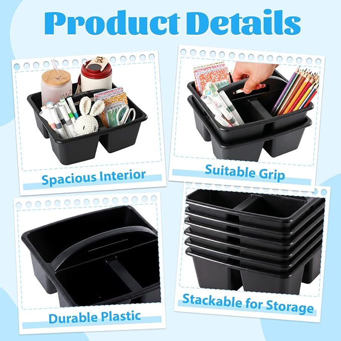 6 Pack 3 Compartment Small Caddy Plastic Classroom Organizer with Handle Portable Teacher Supply Storage Caddy Craft Art Caddies for Pencil, Crayon, Marker, Home, Office, School Supplies(Black) - Image 3
