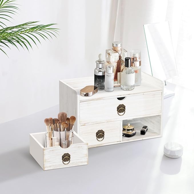 Wood Desk Organizer with Drawer, White Wooden Desktop Organizer, Tabletop Storage Organization Box for Countertop, Home Office Supplies, 13.5x6.6x8.2 Inch(3 Drawer and Shelf) - Image 8