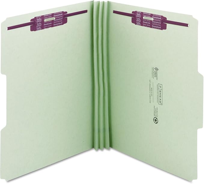 Smead Pressboard Fastener File Folder with SafeSHIELD Fasteners, 2 Fasteners, 1/3-Cut Tab, 3" Expansion, Letter Size, Gray/Green, 25 per Box (14944) - Image 6