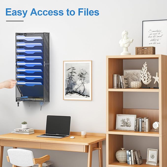 OUTWOLF 10 Tier Hanging Wall File Organizer Wall Mount Paper Document Folder Holder with Hooks for Home Office Organization - Image 3