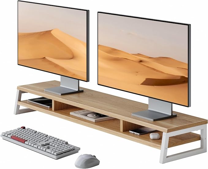 Fenge Dual Monitor Riser for Desk, Open Shelf with 3 Storage Compartments | 42.5in Computer Monitor Stand, 2-Tier Desk Shelf for Top of Desk,One-Piece Panel, fit Ultrawide Monitor, PC, Laptop, Dark Oak by Fenge