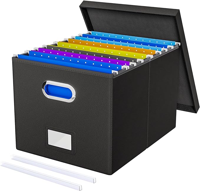 File Organizer Box with Lid - Portable Hanging File Box for Letter/Legal Files, Office/Decor/Home, 1 Pack, Black Leather by Oterri