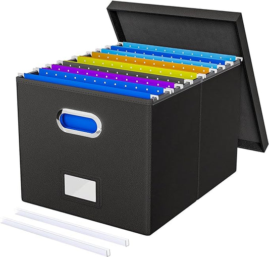 File Organizer Box with Lid - Portable Hanging File Box for Letter/Legal Files, Office/Decor/Home, 1 Pack, Black Leather by Oterri