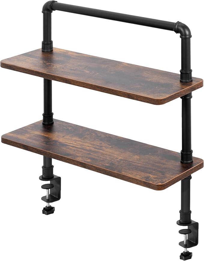 VIVO Clamp-on Premium 24 inch Industrial Pipe 2-Tier Tabletop Shelving, Heavy Duty Desk Extension Organizer, Modern Desktop Display Shelf, Rustic Vintage Brown Shelves, DESK-SHELF24-2N by Unknown