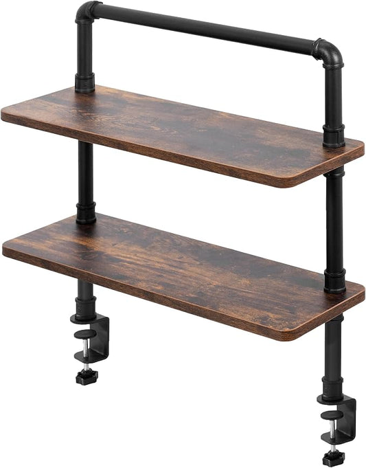 VIVO Clamp-on Premium 24 inch Industrial Pipe 2-Tier Tabletop Shelving, Heavy Duty Desk Extension Organizer, Modern Desktop Display Shelf, Rustic Vintage Brown Shelves, DESK-SHELF24-2N by Unknown