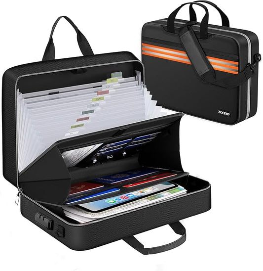 Accordion File Organizer with Lock, Fireproof Document Bag, Black | 13-Pocket Expanding Folder, Portable Safe Storage for Letter/Legal Size Document, Orange Reflective Strip, 16.1"×4.3"×12.6" by ZOOPIP