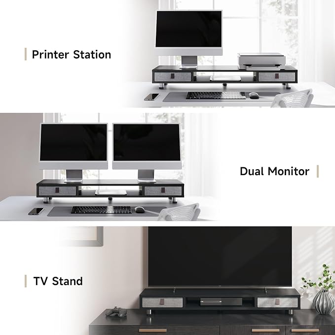 Fenge Dual Monitor Stand, 2-Tier Desk Organizer with Drawers, 42.5in, Black | Storage Fabric Drawer, Ergonomic Height Adjustable, Desk Shelf for Top of Desk, Laptop, PC, TV, Home Office Organization - Image 7
